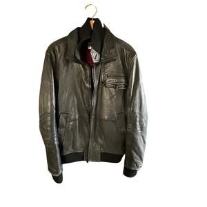 Vintage Hugo Boss Orange Men's Black Leather Full Zip Biker Jacket Size Large